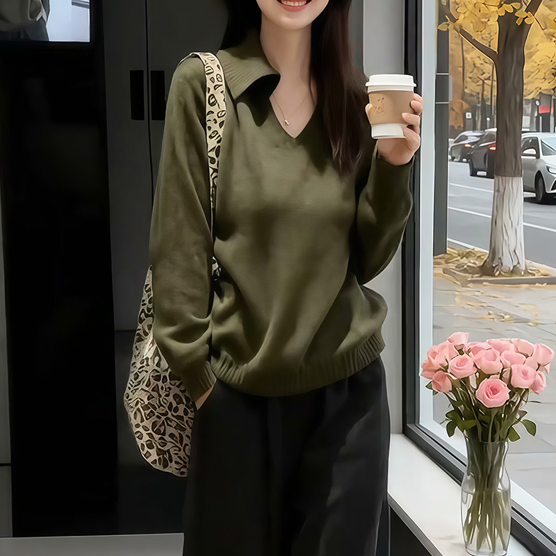 Lazy Style Loose Slimming Top Green Lapel Sweater for Women Spring and Winter Retro High-End Versatile Long-Sleeved Knitwear Lazy Style Loose Slimming Top Green Lapel Sweater for Women Spring and Winter Retro High-End Versatile Long-Sleeved Knitwear