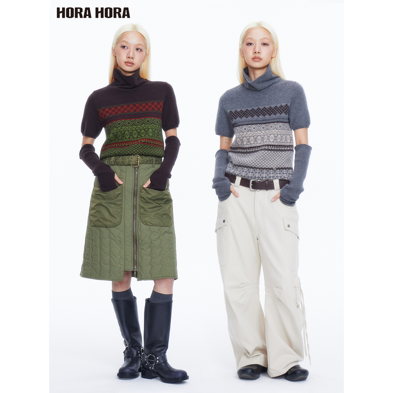 Qi Yandi's Same Style Horahora Fair Isle Raccoon Fur Rabbit Fur Sheep Wool Detachable Sleeve Short-Sleeved Knit Sweater