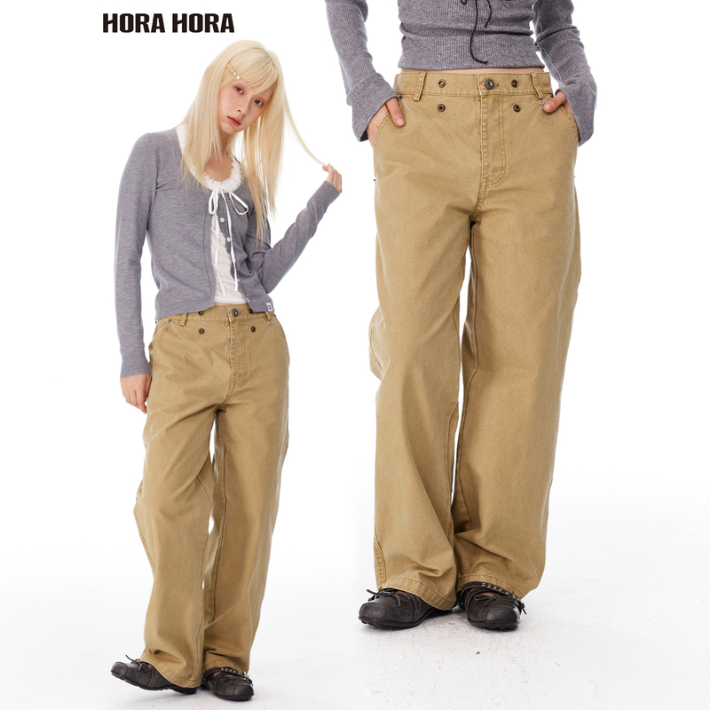 Horahora Retro 100% Cotton Khaki Washed Vintage-Style Adjustable Waist Buckle Decorative Straight Loose Cargo Pants