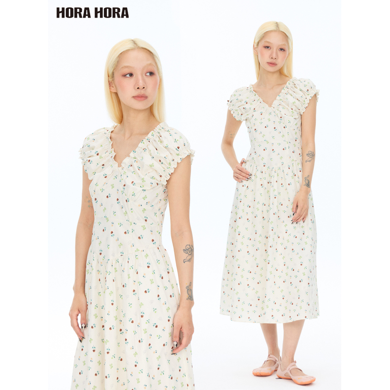 White Deer Same Style Horahora Slimming Pleated Y-Neck Waist-Cinching Slim-Fit Butterfly Floral Print Long Dress