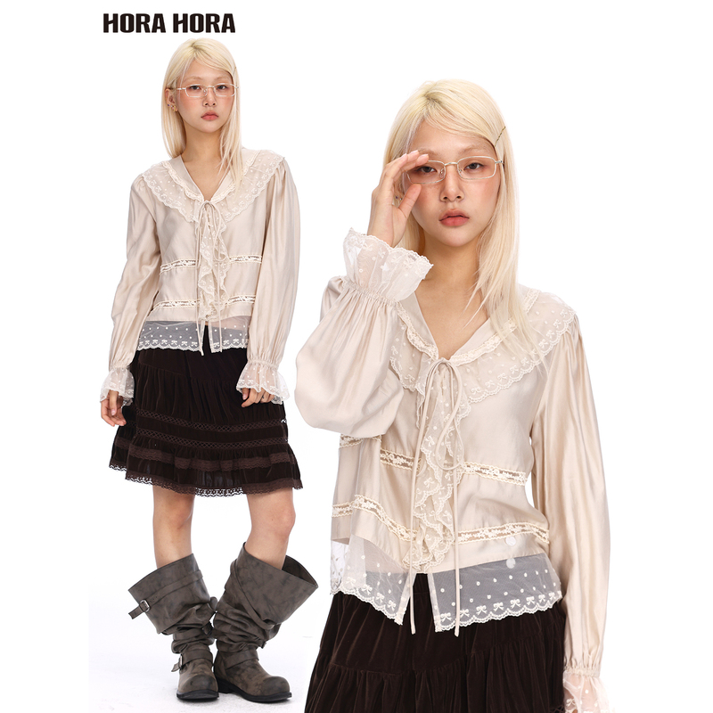 Horahora Modal Apricot Lace Ruffled Tie V-Neck Bell Sleeve Lace Patchwork Short Top Shirt
