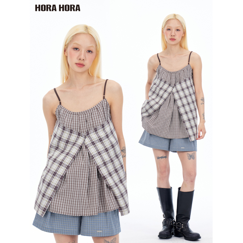 Horahora Sweet and Cool Girl Style Patchwork Irregular Plaid Splicing Fake Two-Piece Reversible Sleeveless Camisole Top