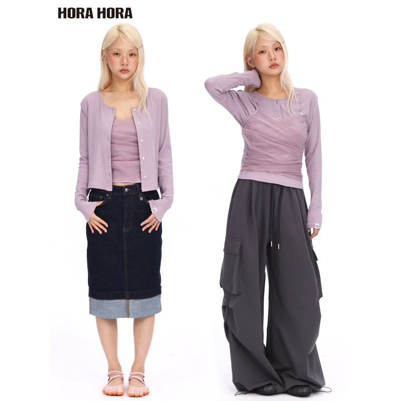 Zhang Jingyi's Same Style Horahora Lotus Purple Pink Pleated Bamboo Silk Mesh Suspender Long-Sleeved Knitted Cardigan Two-Piece Set Zhang Jingyi's Same Style Horahora Lotus Purple Pink Pleated Bamboo Silk Mesh Suspender Long-Sleeved Knitted Cardigan Two-Piece Set