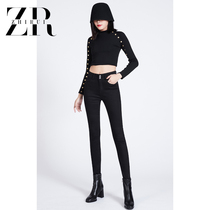 Double buckle high waist black denim small feet pants womens 2021 autumn stretch thin pencil pants Korean version of tight pants
