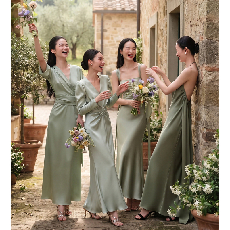 Forest-Style Satin Bridesmaid Dress 2026 New Green Sister Group Evening Dress Can Be Worn Casually, High-End Banquet Dress