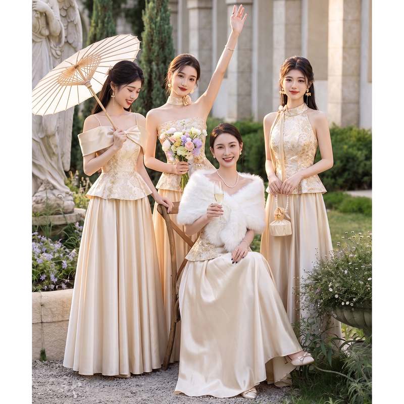 Champagne-Colored Satin Bridesmaid Dress 2026 New Autumn and Winter Sister Group Evening Dress Annual Meeting Light Luxury Niche Can Be Worn Casually Champagne-Colored Satin Bridesmaid Dress 2026 New Autumn and Winter Sister Group Evening Dress Annual Meeting Light Luxury Niche Can Be Worn Casually
