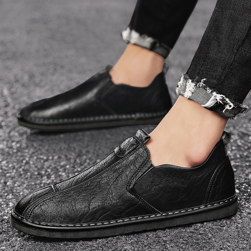 Summer loafers breathable casual small leather shoes Korean version of beanie shoes slip-on shoes black soft-soled sailing shoes