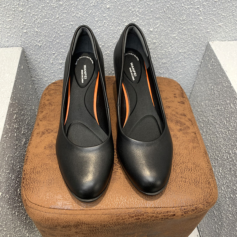 Wanfei Genuine Leather High Heels, Chunky Heel, Round Toe, Black Flight Attendant Professional Work Shoes, Women's Comfortable Flight Attendant Shoes