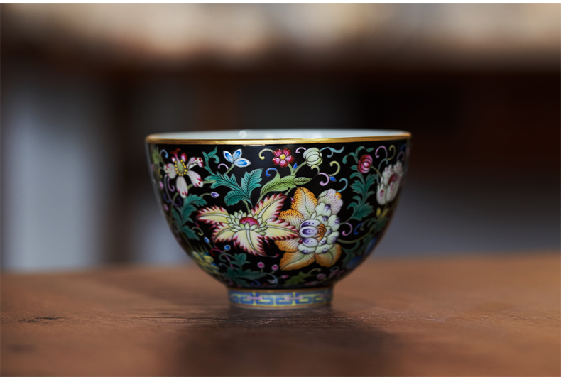 Colored enamel masters cup checking flower heart black tie up branches of jingdezhen ceramic kung fu tea large single CPU