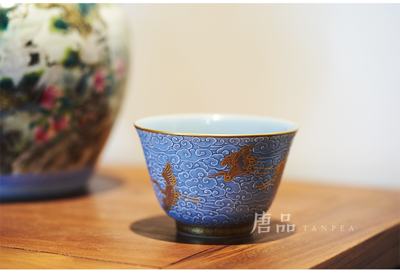 Colored enamel xiangyun cranes teacup azure glaze master cup paint single CPU jingdezhen tea set gift collection by hand