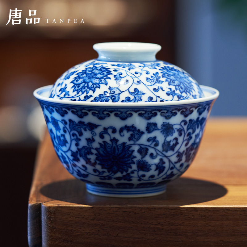 Maintain the blue tie up all hand making tea bowl lotus flower tureen jingdezhen ceramics kung fu tea set large antique cups