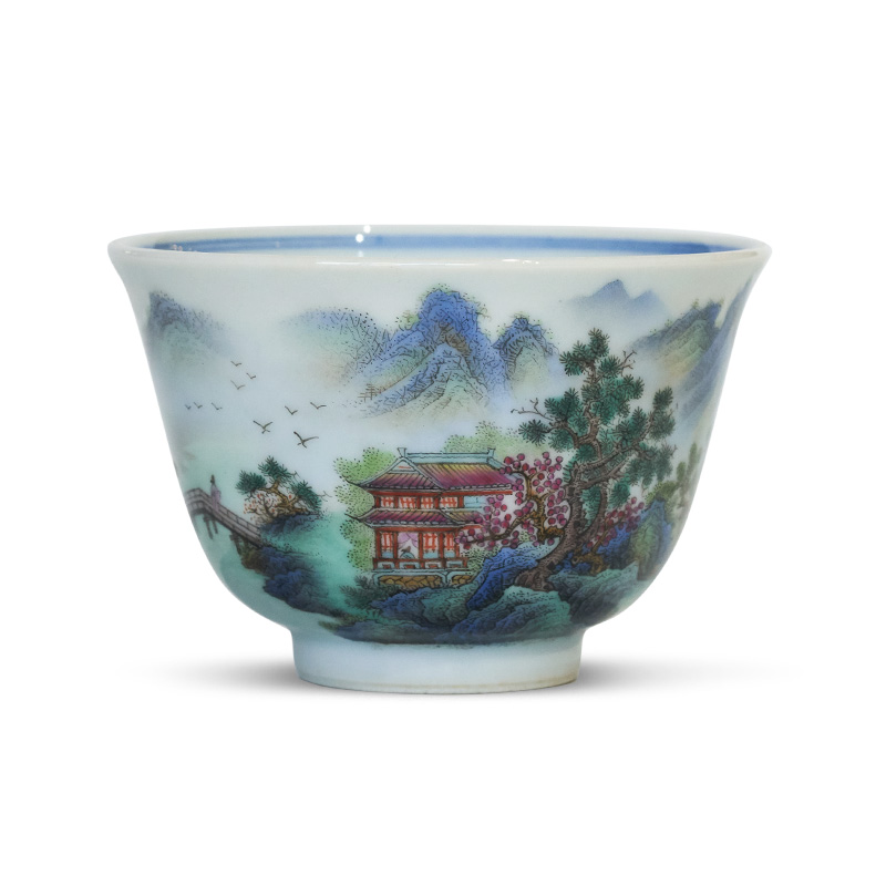 Kung fu tea cups pastel blue and white painting of flowers and green landscape master cup inside the sample tea cup jingdezhen ceramic cups single CPU