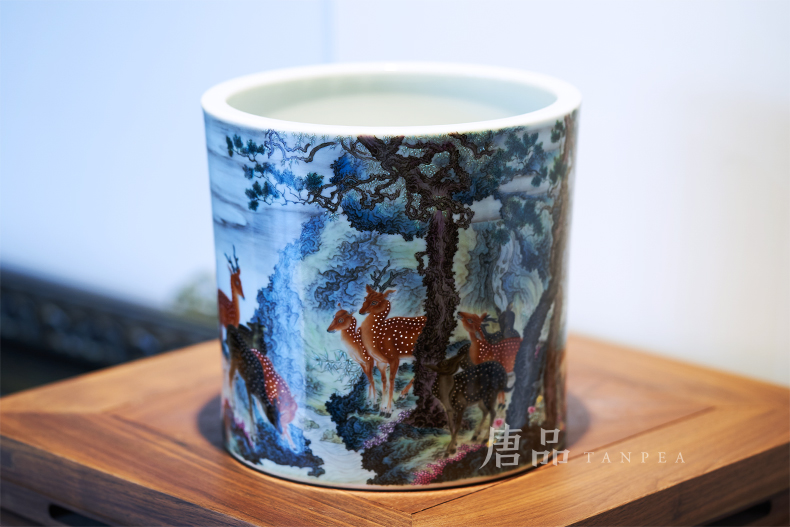 Pastel lulu smoothly brush pot hand made sika deer painting the receive cylinder jingdezhen ceramic tube of archaize scroll furnishing articles