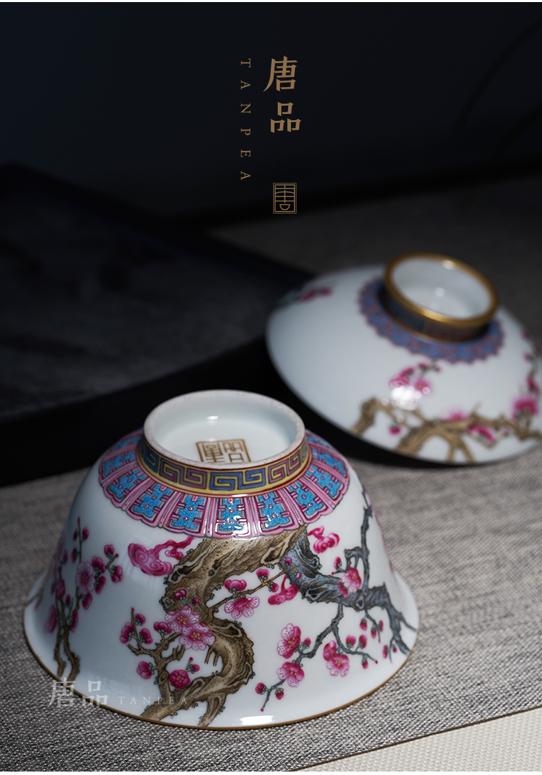 Colored enamel hand wintersweet name plum blossom put tureen satisfied grain tea bowl of jingdezhen ceramic large - sized kung fu tea cups