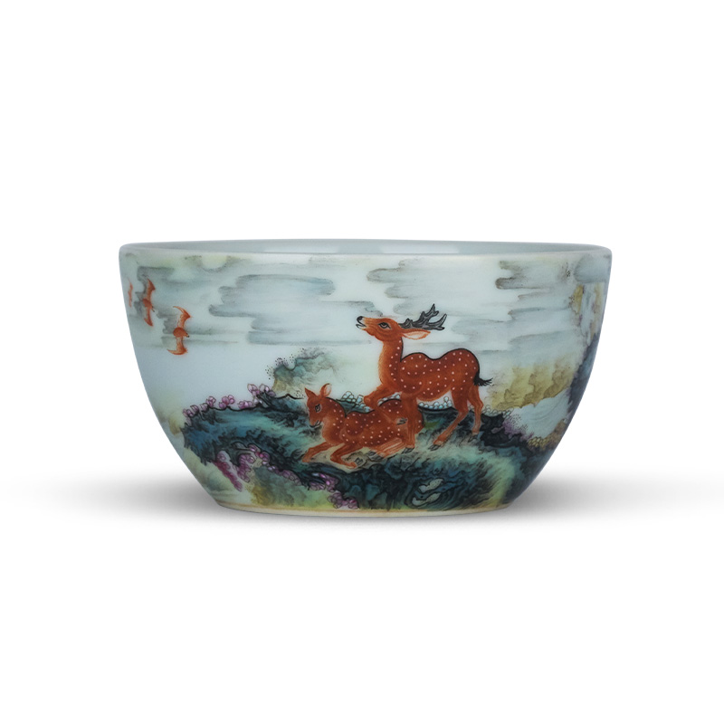 Kung fu tea set all hand pastel ferro, auspicious sika deer landscape master individual cup of archaize of jingdezhen porcelain cups