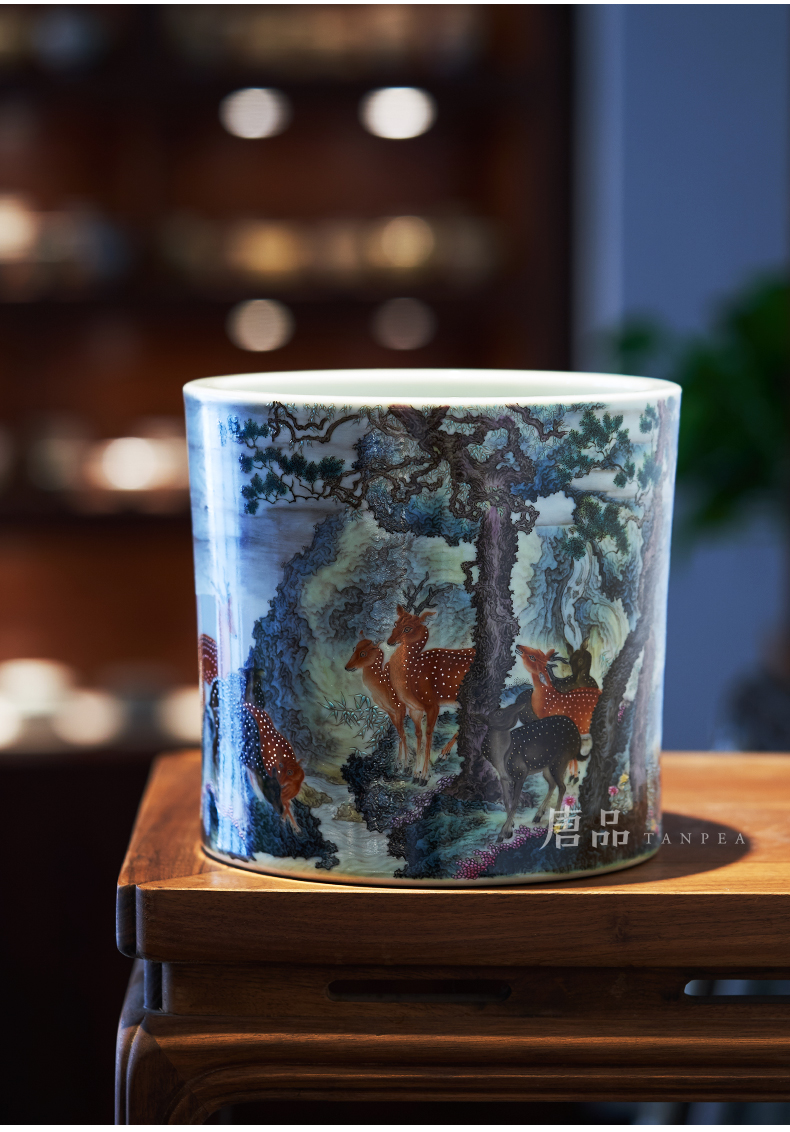 Pastel lulu smoothly brush pot hand made sika deer painting the receive cylinder jingdezhen ceramic tube of archaize scroll furnishing articles