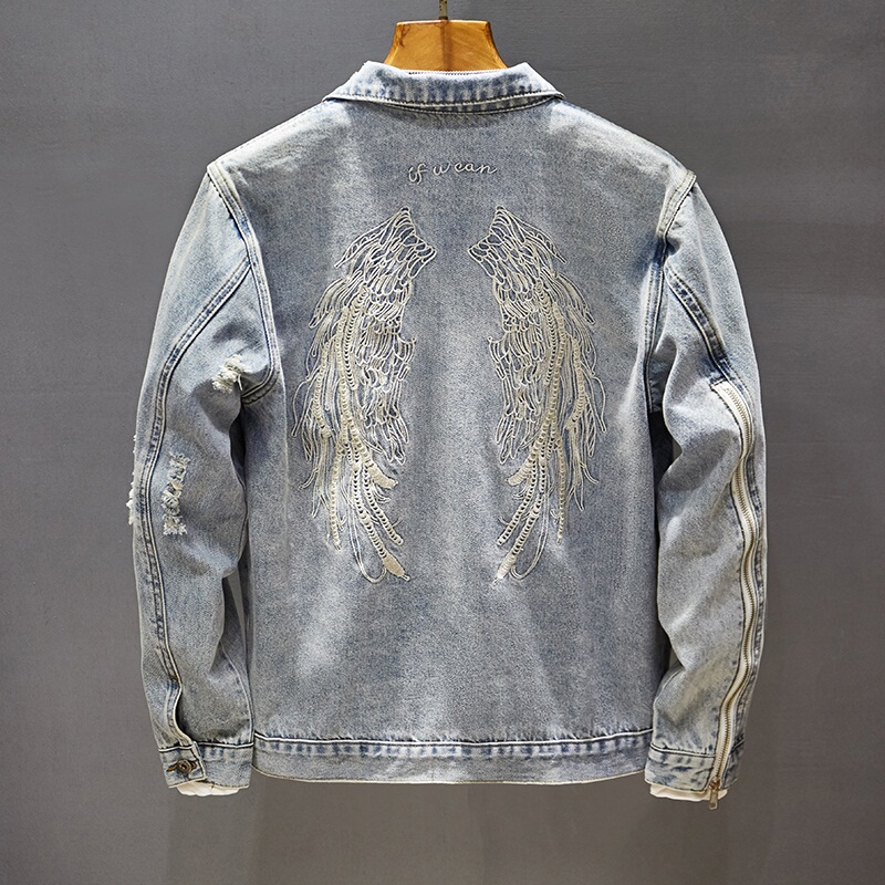 Spring and Autumn New Light-Colored Vintage Wing Embroidery Distressed Ripped Denim Jacket Men's Korean Style Biker Jacket Top