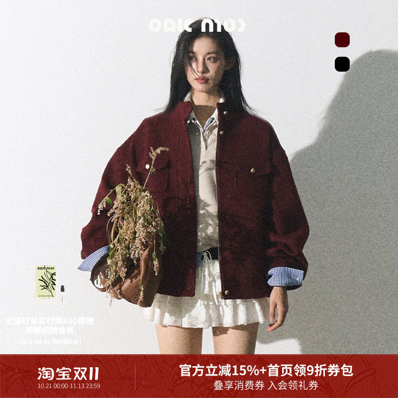 Oakmoo/ "Hua Mei Feeling" Ancora Red Wool Woolen Short Coat Women's Autumn and Winter Harrington Jacket Top