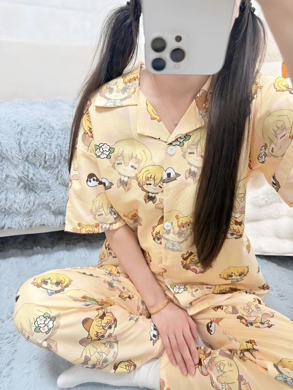 Demon Slayer: Kimetsu No Yaiba Short-Sleeved Summer Pajamas Cotton Anime Agatsuma Zenitsu Lapel Cardigan Unisex Three-Piece Set