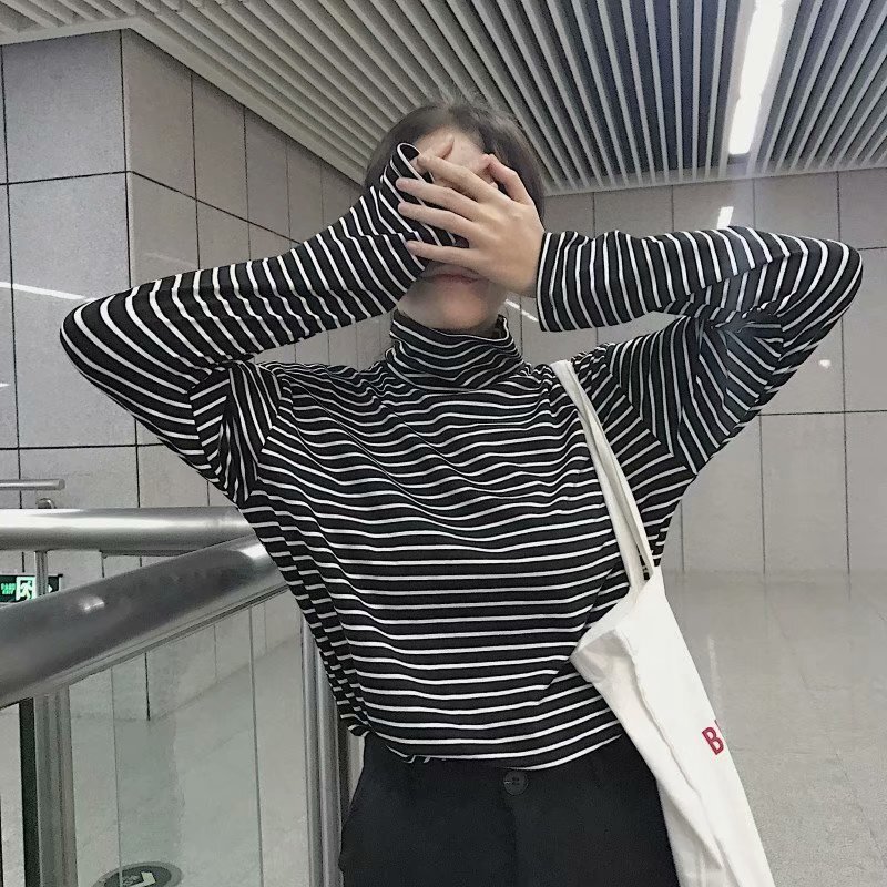 Spring and Autumn T-Shirt Inner Layer Top, Plus Size, Loose Fit, High Collar, Black and White Striped Long-Sleeve T-Shirt for Female Students, Trendy Base Shirt