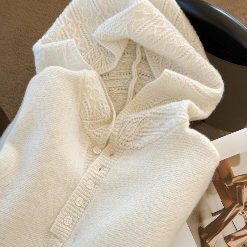 Thickened 100% Pure Wool Sweater, Warm Hooded Sweater, Hollow Crochet Knit Sweater, Women's White Sweater, Base Layer Top