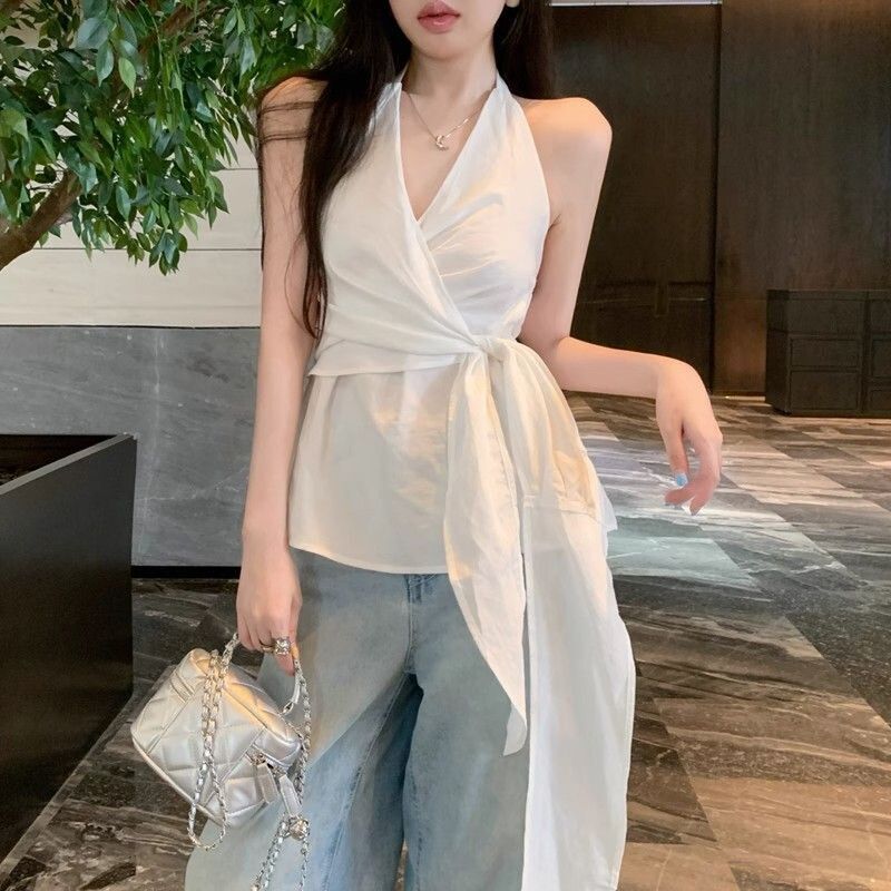 Pure Desire Style Casual Waist-Cinching Tie-Up Elegant V-Neck Shirt for Women, Summer Sexy Halter Neck Sleeveless Tank Top
