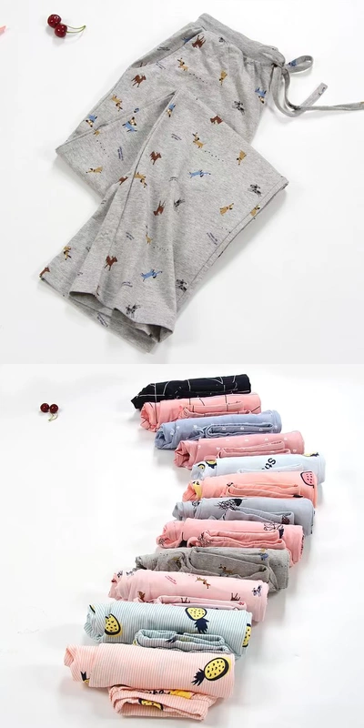 Bộ đồ ngủ bằng cotton tinh khiết của phụ nữ mùa xuân và mùa thu thường xuyên ngọt ngào và dễ thương cotton dệt kim giản dị cộng với quần dài ở nhà - Quần tây