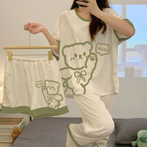 2022 ice silk new pajamas womens summer three-piece suit short-sleeved cartoon cute girl summer home clothes