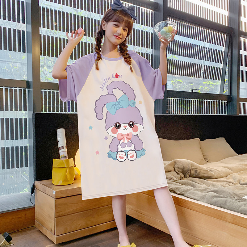 Sleeping Skirt Woman Spring Summer Short Sleeve Pure Cotton Cartoon Cute Pregnant pregnant woman with thin pyjamas pyjamas can be worn outside the home in the summer