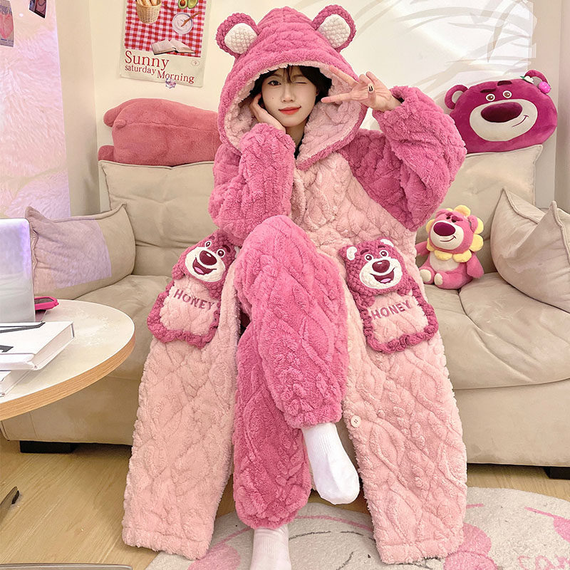 Sleeping robe woman Winter day Three layers clip cotton 2023 new coral suede pyjamas long style thickened with velvety and cute family conserved-Taobao