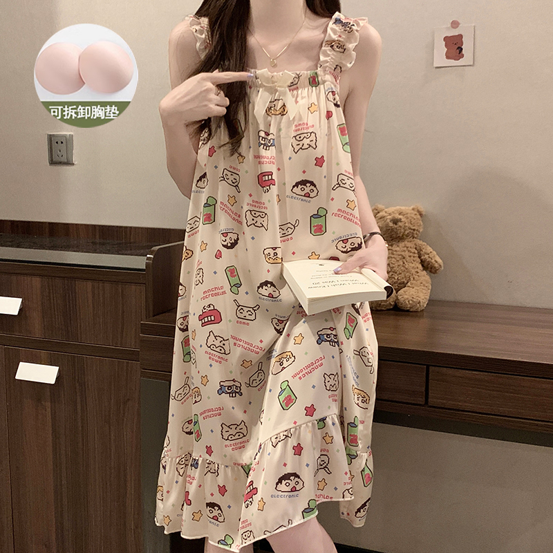 Summer Harness Chest Cushion Sleeping Dress Girls Ice Silk 2023 New Cute Cartoon Pyjamas Women Summer Sleeveless Sleeveless-Taobao