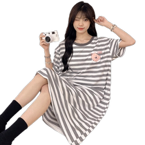 Sleepwear Women Summer Striped Short Sleeves Slim pure cotton with chest cushion Sleeping dress Summer mid-length Large-size Pregnant Womans Home Clothing