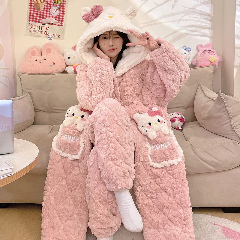Sleepwear women's winter three layers clip cotton thickened with velvety long style sleeping robe adorable coral suede warm home for winter-Taobao