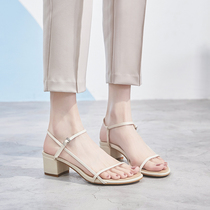 Fan welfare 68 yuan ~ word with sandals womens 2021 new thick heel medium heel fairy wind Roman sandals