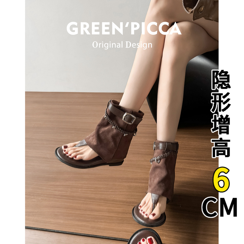 Genuine Leather ~6Cm Height-Increasing Retro Roman Thong Sandals for Women 2026 New Short Tube Boot Thong Sandals for Women