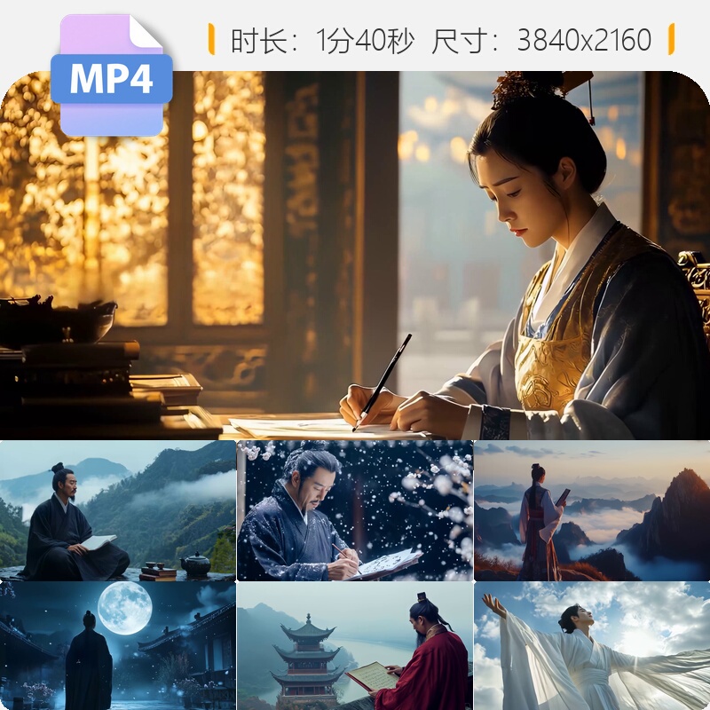 High-Definition 4K High-Frame-Rate Video Footage of Tang and Song Dynasty Poets Li Bai, Du Fu, and Ju Yi Reciting Poems While Climbing Mountains and Observing the Moon