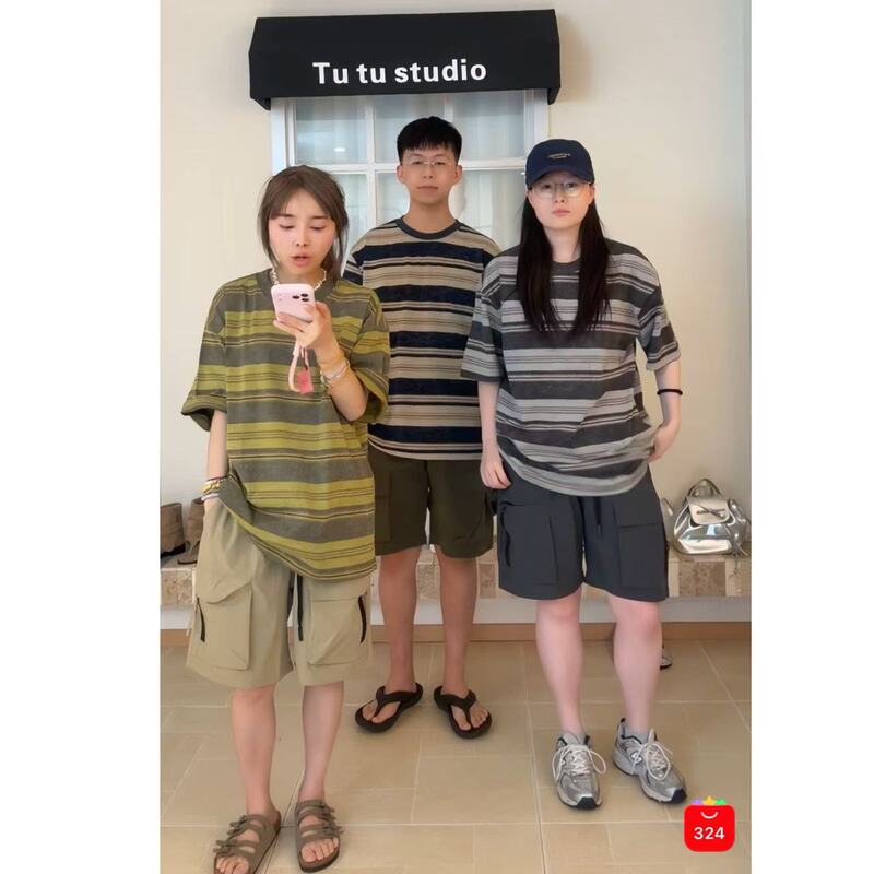 Tutu Home【Men's Collection】Heavyweight Loose Fit Tie-Dye Vintage Striped Drop Shoulder Short Sleeve T-Shirt # 4.30