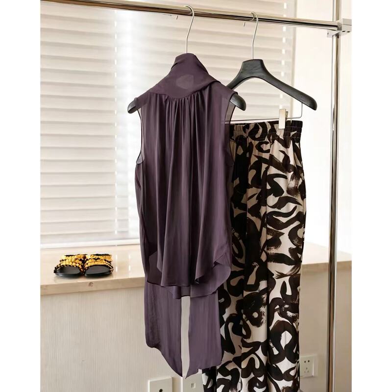 Tutu's Home "Purple Graceful Elegance" 100% Georgette Silk Light Luxury High-End French-Style Tie-Up Sleeveless Blouse # 6.13 Tutu's Home "Purple Graceful Elegance" 100% Georgette Silk Light Luxury High-End French-Style Tie-Up Sleeveless Blouse # 6.13