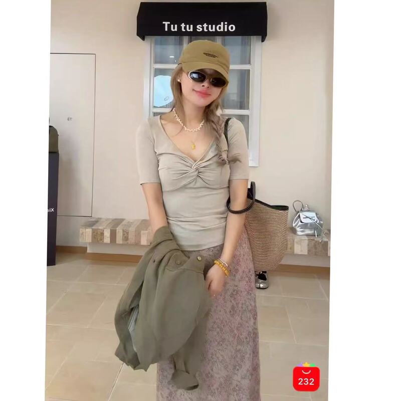 Tutu's "Twist T" Tencel Wool V-Neck Cross Design Twist Knot Slim Fit Short Sleeve T-Shirt 3.30