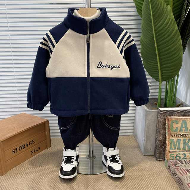 Boys polar fleece jacket autumn and winter children's clothing baby children thickening handsome top 2022 new boy tide stand collar