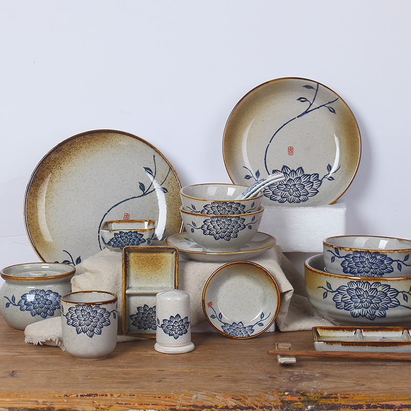 Glazed Color Blue Lotus Ceramic Cutlery Chinese Family Dining Hall Suit Plate Rice Bowls rice bowls Noodle Bowl cup spoon round dish