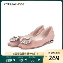  Saturday shallow-mouthed single shoes womens spring 2021 new suede sheepskin square head rhinestone commuter low-heeled flats