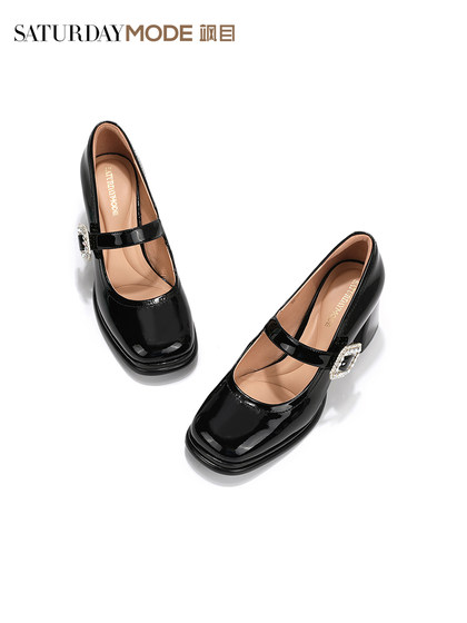星期六玛丽珍鞋女粗高跟方扣春秋季新款小皮鞋复古方头浅口单鞋