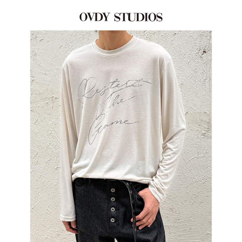 # Ovdy Luxury Old Money Style Drapey Long-Sleeve T-Shirt with Handmade High-Density Silk Screen Print on Linen Fabric, Anti-Wrinkle, Unisex Base Shirt