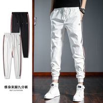 Autumn and winter stretch white casual pants Mens Ice Silk nine-leg pants Tide brand embroidery 2021 winter mens sports pants