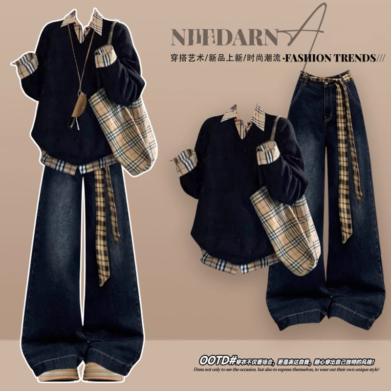 Early Autumn Korean Style Outfit Fake Two-Piece Sweatshirt for Women 2026 Super Popular Autumn Outfit Complete Set with Melard Jeans Set Early Autumn Korean Style Outfit Fake Two-Piece Sweatshirt for Women 2026 Super Popular Autumn Outfit Complete Set with Melard Jeans Set