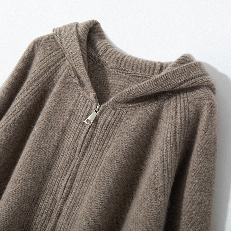 Sheep Wool Lightweight and Warm~ Double-Ply 480g Thickened Cashmere Knitted Hooded Cardigan with Double Zipper and Pockets for Women