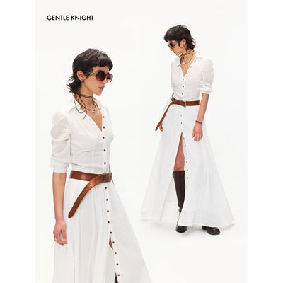 GENTLE KNIGHT vacation-style white 100 cotton A-line shirt long dress for women, three-dimensional cut waist-cinching dress