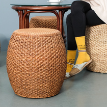 Rattan low stool Round stool Pier sofa coffee table Small stool Household solid wood creative environmental protection straw tea stool drum stool