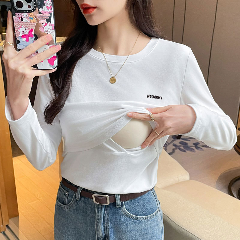 Pull-Up Style No-Zipper Autumn Nursing Top for Going Out, Trendy Mom Style Postpartum T-Shirt, Maternity Wear, Winter Base Layer for Breastfeeding